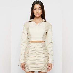 Beige Vegan Leather Ruched Polo Top Maniere de Voir US0 New